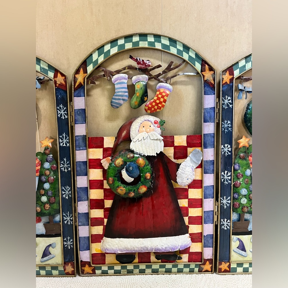 Vintage Fireplace Screen Santa Christmas Tree Scene Trifold